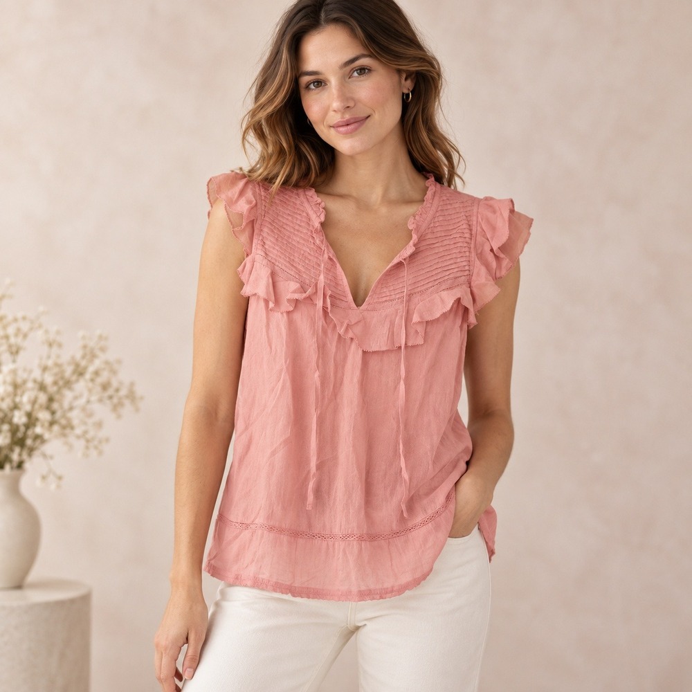 Banana Republic Blouse Women XS Coral Pink Ruffle Tie Neck Romantic